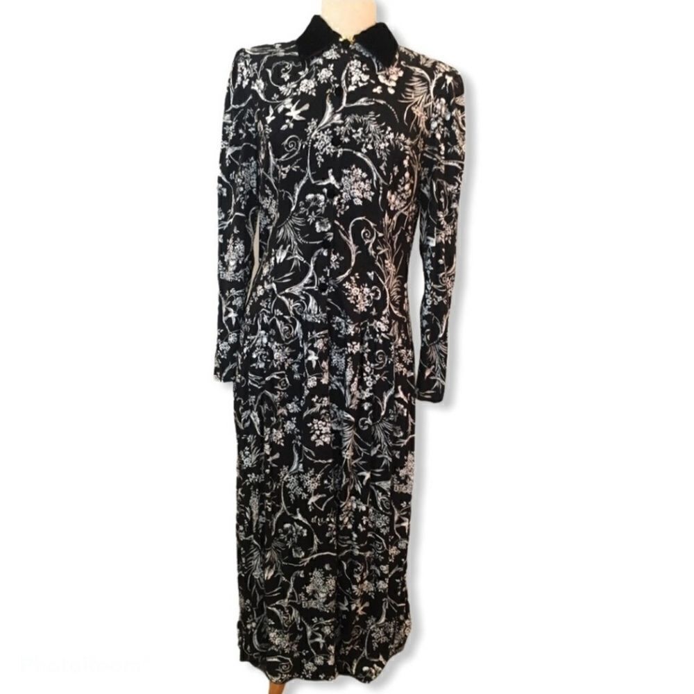 Vintage Scott McClintock Velvet Collar Long Sleeve Floral Pleated Midi Dress 12